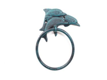 Seaworn Blue Cast Iron Dolphins Towel Holder 7""