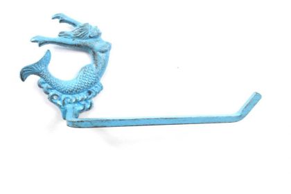 Rustic Light Blue Cast Iron Decorative Arching Mermaid Toilet Paper Holder 11""