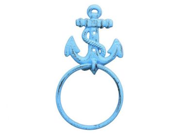 Rustic Light Blue Cast Iron Anchor Towel Holder 8.5""