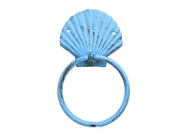 Rustic Light Blue Cast Iron Seashell Towel Holder 8.5""