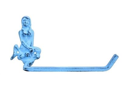 Dark Blue Whitewashed Cast Iron Mermaid Toilet Paper Holder 10""