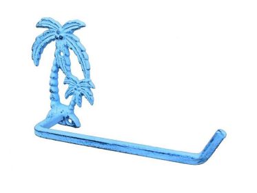 Dark Blue Whitewashed Cast Iron Palm Tree Toilet Paper Holder 10""