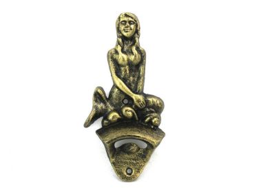 Antique Gold Cast Iron Wall Mounted Mermaid Bottle Opener 6""