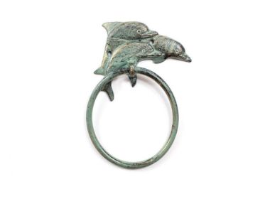 Antique Seaworn Bronze Cast Iron Dolphins Towel Holder 7""