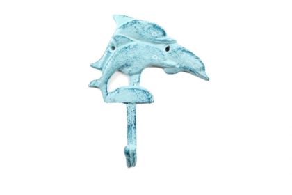 Rustic Dark Blue Whitewashed Cast Iron Dolphins Wall Hook 6""
