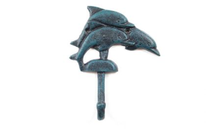 Seaworn Blue Cast Iron Decorative Dolphins Wall Hook 6""
