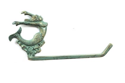 Antique Seaworn Bronze Cast Iron Decorative Arching Mermaid Toilet Paper Holder 11""