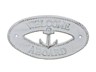 Whitewashed Cast Iron Welcome Aboard with Anchor Sign 8""
