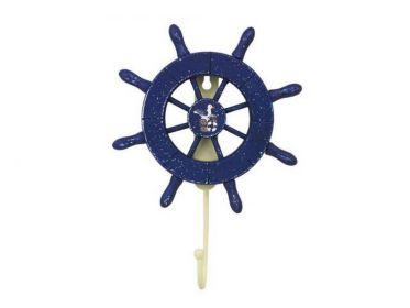 Rustic All Dark Blue Decorative Ship Wheel with Seagull and Hook 8&quot;