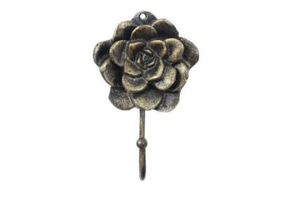 Rustic Gold Cast Iron Decorative Rose Hook 7""