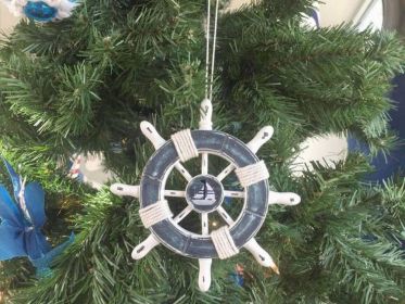 Rustic Dark Blue and White Decorative Ship Wheel With Sailboat Christmas Tree Ornament 6""
