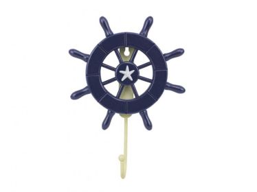 Dark Blue Decorative Ship Wheel with Starfish and Hook 8""