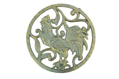 Antique Seaworn Bronze Cast Iron Rooster Trivet 8""