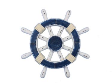 Rustic Dark Blue and White Decorative Ship Wheel 12""