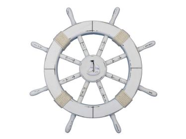 Rustic White Decorative Ship Wheel with Sailboat 18""