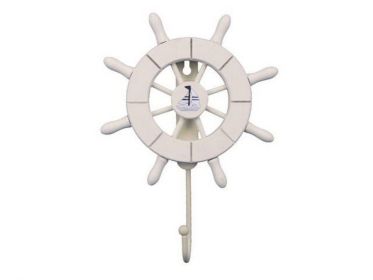 White Decorative Ship Wheel with Sailboat and Hook 8&quot;