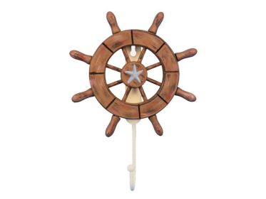 Rustic Wood Finish Decorative Ship Wheel with Starfish and Hook 8""