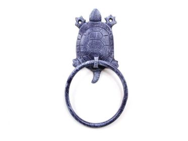 Rustic Dark Blue Cast Iron Turtle Towel Holder 8""