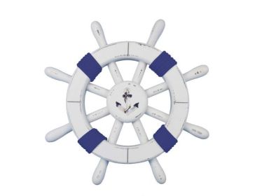 Rustic White Decorative Ship Wheel with Dark Blue Rope and Anchor 12""
