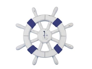 Rustic White Decorative Ship Wheel with Dark Blue Rope and Sailboat 12""