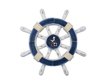Rustic Dark Blue And White Decorative Ship Wheel With Seagull 12""