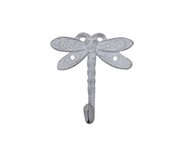 Whitewashed Cast Iron Dragonfly Decorative Metal Wall Hook 5""