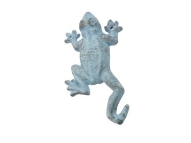 Rustic Light Blue Cast Iron Frog Hook 6""
