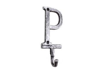 Rustic Silver Cast Iron Letter P Alphabet Wall Hook 6""