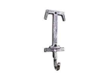 Rustic Silver Cast Iron Letter T Alphabet Wall Hook 6""